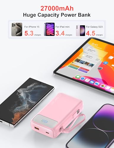 Nusyddy Portable Charger 27000mAh 22.5W w/Built-in Cable & LED Display Pink - color: Pink