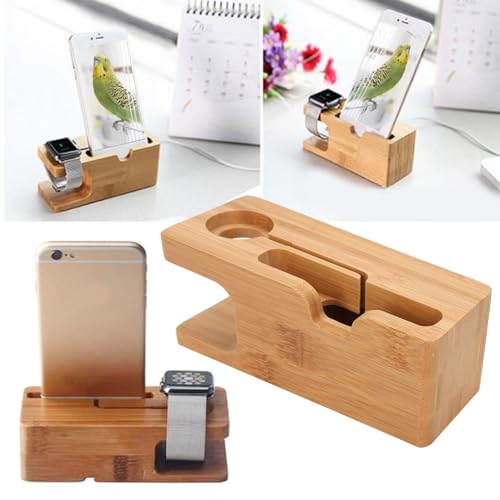 Pssopp Bamboo Charging Station, Wooden Charging Station Desktop Docking Station Organizer for Cellphone Smart Watch Tablet Charging Cables