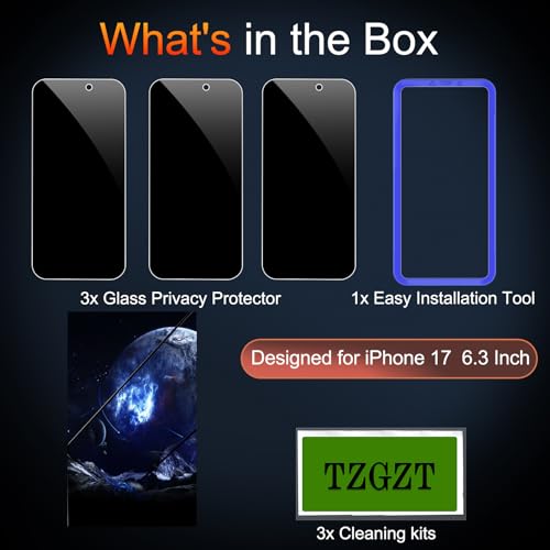 TZGZT Privacy Screen Protector for iPhone 17, Tempered Glass, Case Friendly - color: iPhone 17-3Pack-Black
