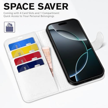 TUCCH Wallet Case for iPhone 16 Pro Max (6.9") 2024, 4 Card Slots, White | RFID Blocking, Viewing Stand, Shockproof TPU Shell, PU Leather, Magnetic Closure, Protective Folio Flip Cover - color: White