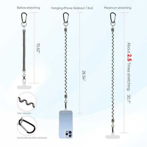 Retractable Phone Lanyard Tether with Carabiners and Patches - color: Glossy Black+silver