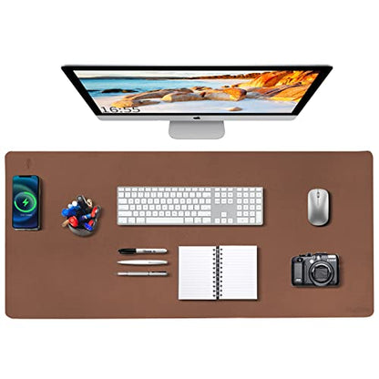 Desk Mat Wireless Charging Mouse Pad Large 32x16 Journey Desk Pad Mat with Wireless Charger Waterproof Leather Computer Mat with Phone Charger Mousepad Non-Slip for Keyboard and Mouse - color: Light Brown, size: 32" x 32"