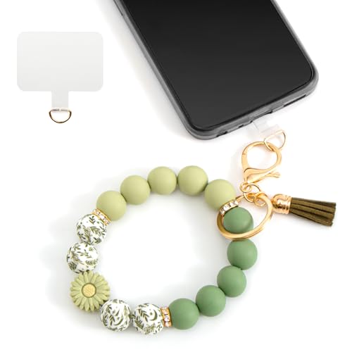 Silicone Beaded Phone Wrist Strap, Phone Wristlet Strap with Tether Tab, Elastic Hands-Free Daisy Wristlet Bracelet(Green) - color: Daisy Green