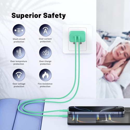 QZIIW iPhone 17 16 15 Pro Max Fast Charger,45W Dual Port USB C Fast Charger - color: Green, size: 3FT+6FT+10FT+10FT