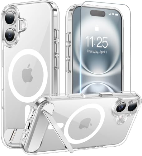 Magnetic for iPhone 16 Case with Stand Clear | (Screen Protector)(Compatible with MagSafe)(Military Grade Shockproof) Transparent Drop Protection Slim Phone Case,6.1" - color: Clear, size: For IPhone 16