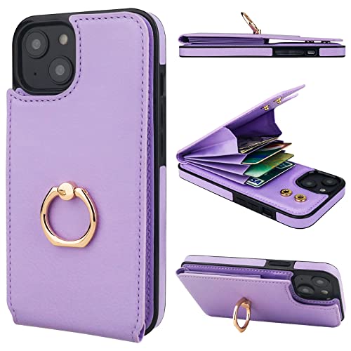 Folosu Compatible with iPhone 14 Plus Case Wallet with Card Holder, 360°Rotation Finger Ring Holder Kickstand, RFID Blocking Leather Protective Double Buttons Shockproof Cover 6.7 Inch Purple - color: Purple, size: iPhone 14 Plus