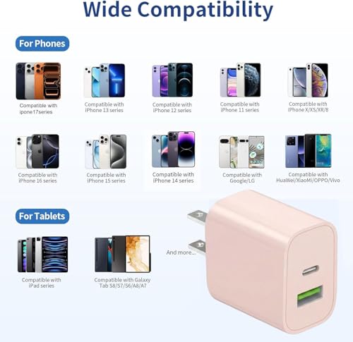 4 Pack USB C Charger Block,20W USB-C & USB-A Port Charger，for i Phone 17/16/15/14/13/12/11/X/8, i Pad and More，Pink - color: 4p pink