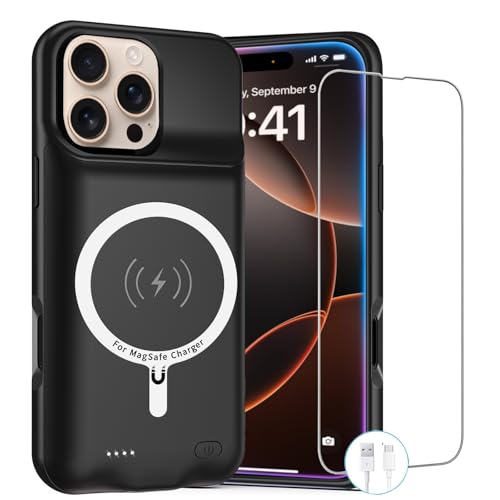 Battery Case for iPhone 16 Pro Max,12000mAh Rechargeable Portable Charging Case with Wireless Charging Compatible for iPhone 16 Pro Max (6.9 inch) with Carplay Extend Battery Pack Charger Case (Black) - size: iPhone 16 Pro Max