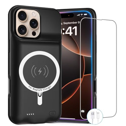 Battery Case for iPhone 16 Pro Max,12000mAh Rechargeable Portable Charging Case with Wireless Charging Compatible for iPhone 16 Pro Max (6.9 inch) with Carplay Extend Battery Pack Charger Case (Black) - size: iPhone 16 Pro Max