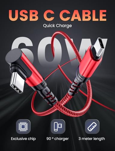 Red 2 Pack 10FT 60W/3A Nylon Braided USB C to USB C Cable, Right Angle 90 Degree, Fast Charging for iPhone 16/15, iPad Pro/Mini/Air, MacBook, Samsung Galaxy S24 and More - color: Red