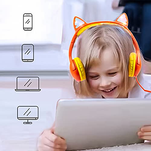 Olyre Kids Wired Headphones, LED Cat Ears, Share Port, Mic, Volume Limited - color: Orange