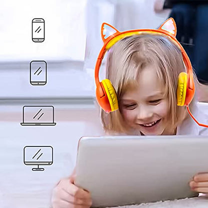 Olyre Kids Wired Headphones, LED Cat Ears, Share Port, Mic, Volume Limited - color: Orange
