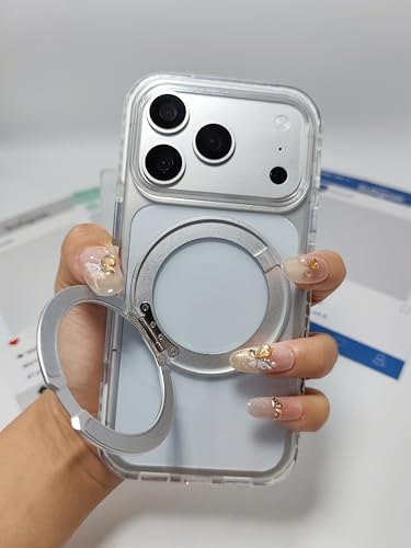for iPhone 17 Case Clear Magnetic Phone Cases with 360°Stand,[Fit for MagSafe] Acrylic Transparent Case,Anti-Yellowing Rugged Shockproof Protective Cell Cover,6.3" Silver - color: Silver