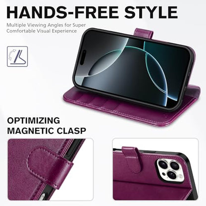 TUCCH Wallet Case for iPhone 16 Pro Max (6.9"), 4 Card Slots, Plum Purple | RFID Blocking, Viewing Stand, Shockproof TPU Shell, PU Leather, Magnetic Closure, Protective Folio Flip Cover - color: Plum Purple