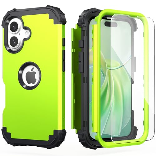 IDweel for iPhone 17 Case with Screen Protector for Women, 3 in 1 Shockproof Slim Fit Hybrid Heavy Duty Hard PC Cover Soft Silicone Bumper Full Body Anti-Fingerprint Case, Green/Black - color: Green/Black