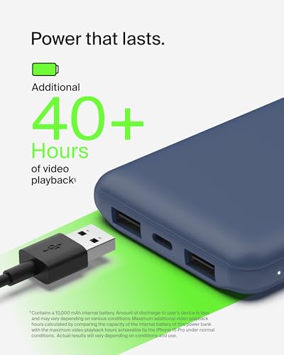 Belkin 10000mAh 15W 3 Port Power Bank, USB A to USB C Cable Included | Fast Charging, iPhone 17, Samsung Galaxy, Pixel, Airpods, iPad, Nintendo Switch 2, Battery Pack, USB C Port, USB A Port - color: Blue