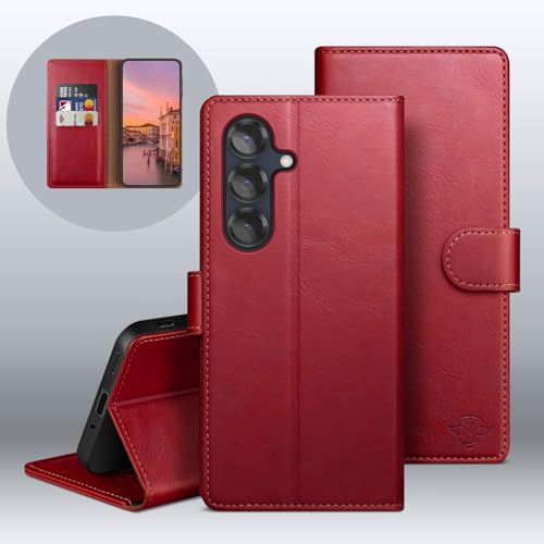 Wallet Case for Samsung Galaxy S25 5G, Red | RFID-Blocking Card Holder, Kickstand, Magnetic Closure, PU Leather Folio Flip Cover, Protective Women Men Cases - color: Red, size: Samsung Galaxy S25