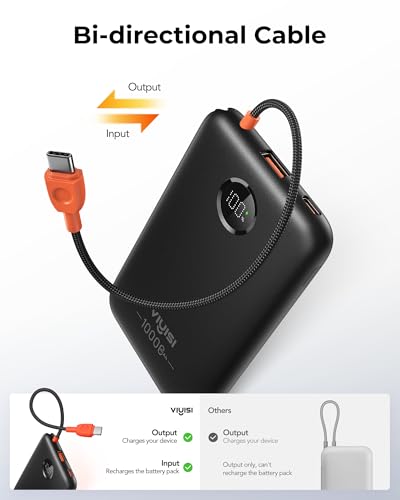 VIYISI Ultra Slim Portable Charger Small 10000mAh with Built-in USB C Cable - color: Black