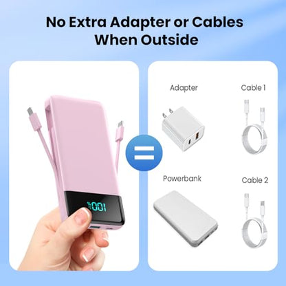 Portable Charger for iPhone,13800mAh Slim Power Bank with Built-in Cables & AC Wall Plug,All in One 4 Outputs USB C Fast Charging Battery Pack for iPhone 18/17/16/15,Android,Travel Essential (Pink) - color: Pink