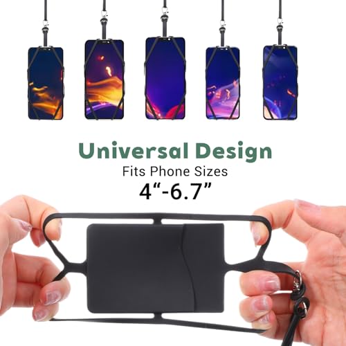 2Pcs Cell Phone Lanyard Crossbody Adjustable Neck Phone Holder with Card Pocket, Universal Silicone Neck Strap - color: Black