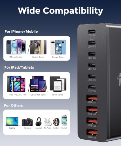 USB C Charging Station 10 Port with 4 Cables,245W GaN Charger Block - color: Black