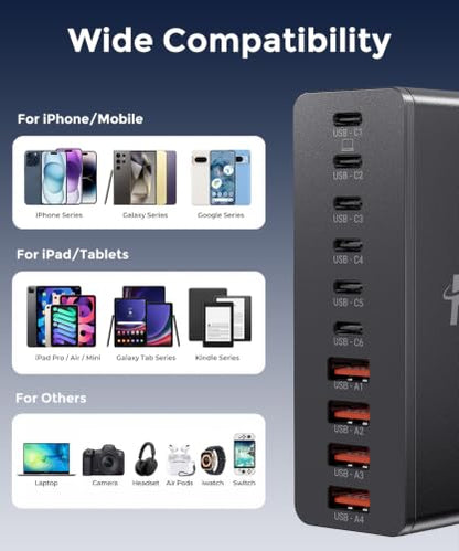 USB C Charging Station 10 Port with 4 Cables,245W GaN Charger Block - color: Black