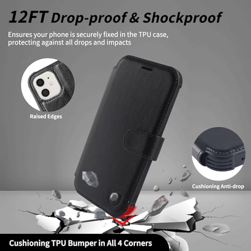 VANAVAGY Wallet Case for iPhone 11 6.1 inch, Black | 12ft Drop-proof Cover for Women Men, Silm PU Leather, RFID Blocking Card Holder, Wrist Strap, Screen Protector - color: Black