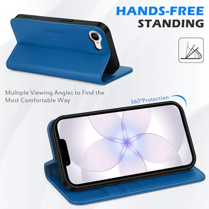 SHIELDON Real Leather Wallet Case for iPhone 17e/16e 6.1", Sapphire Blue | RFID Blocking, Credit Card Holder, Magnetic Closure, Kickstand, Folio Design, Full Protection, Shockproof Phone Cover - color: Sapphire Blue