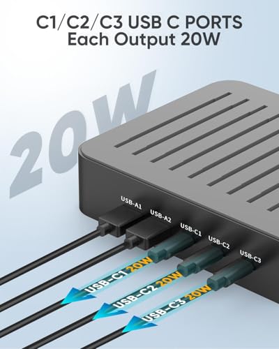 MSTJRY USB C Charging Station for Multiple Devices: 90W 5 Ports Multi Fast Charger for iPhone iPad Tablets Phone - Charging Dock Organizer with Adjustable Dividers for Home Office Classroom