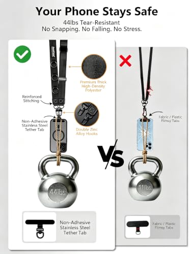 Cell Phone Lanyard Crossbody Built 3 Hooks & Anti-Slip Wrist Strap - color: Gold, size: Large: Width 0.98''/Length 36.61'' – 67''