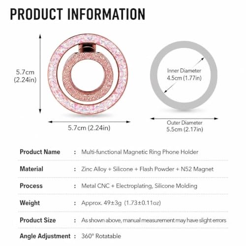 Bling Double Phone Ring Holder, Crystal Magnetic Phone for MagSafe Grip with 360° Rotating Adjustable Kickstand, Double Magnetic Ring Stand for iPhone 17/16/15/14/13/12 Series, Rose Gold - color: rose gold