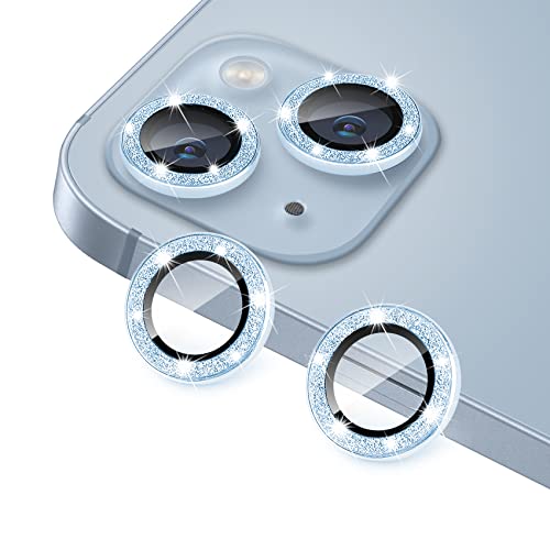 for iPhone 14 & iPhone 14 Plus Camera Lens Protector, Bling Glitter Diamond Lens Cover 9H Tempered Glass Camera Cover Anti Scratch Lens Protector Individual Lens Ring - 2PCS Glitter Blue - color: Blue Glitter
