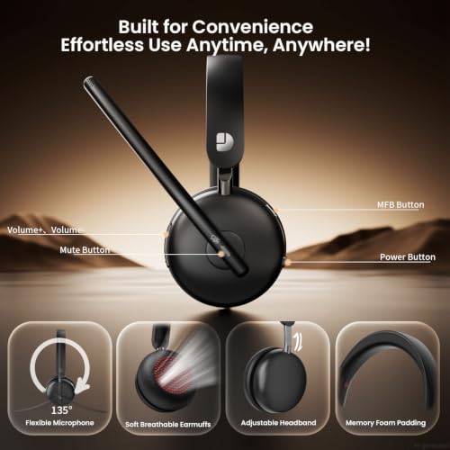 Dytole Wireless Headset with Mic for Work, Bluetooth 5.3 Headset with Noise Cancelling, Wireless Headphones with Mic & USB Dongle, 65H & Mute, Ideal for PC/Call Center/Computer/Laptop/Study