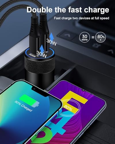 Super Fast Car Charger for Samsung Galaxy, 60w Dual-Port USB-C Car Charger