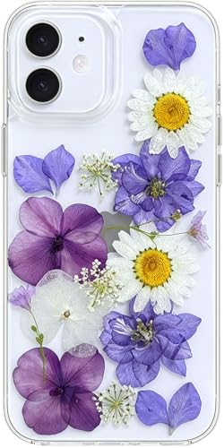 Abbery Designed for iPhone 12 Mini Case Glitter Flower Cute Bling Sparkle Clear with Design Silicone TPU Real Dried Pressed Flowers Floral Aesthetic Phone Case for Women Girls(Daisy Purple Flower) - color: Daisy Purple, size: for iPhone 12 Mini