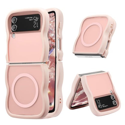 UEEBAI Magnetic for Samsung Galaxy Z Flip 3/Z Flip 4 Case, Compatible with MagSafe, Transparent Clear Wave Frame Design Soft Edge Cover Matte Shockproof Phone Case- Pink - color: Pink, size: Samsung Galaxy Z Flip 3/Z Flip 4