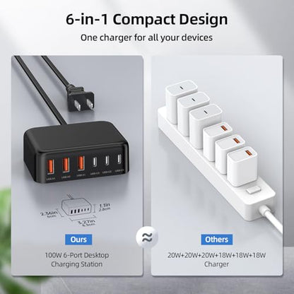 100W 6 in 1 USB Charger, 50% Smaller Charging Station for Multiple Devices - color: B-Black