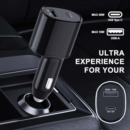 Super Fast Dual Car Charger (45W+15W) Dual Ports USB-C & USB-A White 6.6ft Cable for Samsung S25 S24 S23 S22- Black