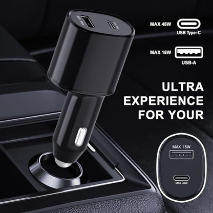 Super Fast Dual Car Charger (45W+15W) Dual Ports USB-C & USB-A White 6.6ft Cable for Samsung S25 S24 S23 S22- Black
