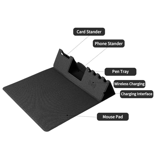 Mouse Pad with Phone Holder & Pen Holders, Wireless Charging Desk Mat, Mousepad Home Office Desk Pad with Ultra-Smooth Surface, Non-Slip Base, Waterproof Keyboard Pad, Classic Black Desk Mat - color: Black