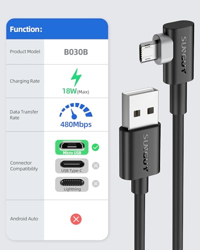 Right Angle Micro USB Cable 10FT [2 Pack], 18W Reversible USB Micro Cable - size: 10FT