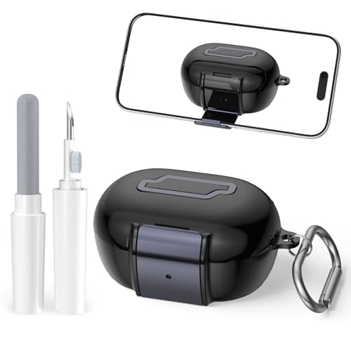 for Bose New QuietComfort Earbuds Case (2024), TPU Protective Cover with Phone Holder Stand & Double Safety Lock, Supports Wireless Charging, Includes Carabiner and Cleaning Pen (Black) - color: Black