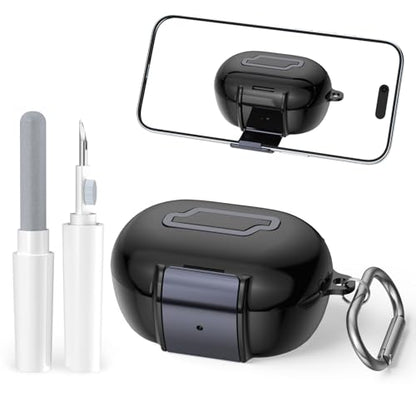 for Bose New QuietComfort Earbuds Case (2024), TPU Protective Cover with Phone Holder Stand & Double Safety Lock, Supports Wireless Charging, Includes Carabiner and Cleaning Pen (Black) - color: Black