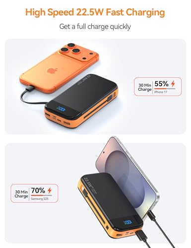 Phone Battery Bank 32000mAh 22.5W w/Built-in Cables & USB C Fast Charging - color: Orange