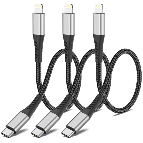 1ft USB C to Lightning Cable 3 Pack, MFi Certified USBC Lightning Cable PD Fast Charging, Nylon Braided 12 inch USB C iPhone Charger Cord for iPhone 14 13 12 11 Pro Max Plus iPad, Black - size: 1 Foot