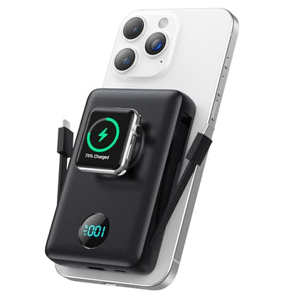 Ekrist Magnetic Portable Charger 10800mAh for MagSafe with Built-in Cable,iWatch Charger,Wireless Power Bank Travel Essentials,25W Fast Charging Battery Pack for iPhone 18/17/16/15,Apple Watch(Black) - color: Black