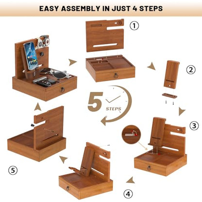Wood Phone Docking Station, Nightstand Organizer with Drawer - color: Stylish Brown, size: Without charging station