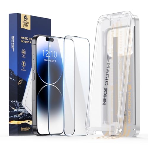 MAGIC JOHN 2 Pack for iPhone 14 Pro Screen Protector, with Shatterproof Tempered Film, Auto Dust-Elimination, Bubble Free & HD Clear, Easy Installation for iPhone 14 Pro/6.1 Inch - size: iPhone 14 Pro-6.1''