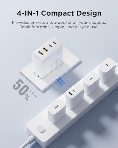 Pisen 120W 4-Port GaN USB-C Charger Block With 6FT USB-C To C Cable For MacBook Pro/Air, Pixelbook, iPad, iPhone, Samsung, Pixel 8, Steam Deck