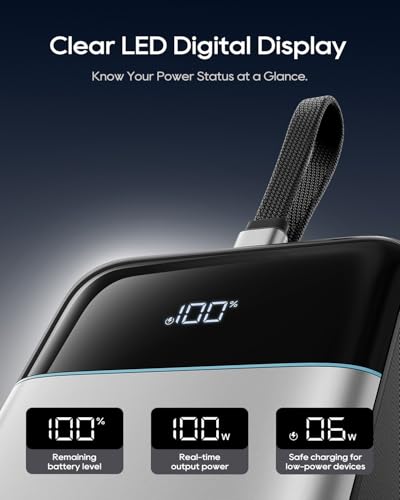 CUKTECH 25000mAh Power Bank, 100W Laptop Portable Charger with Built-in USB-C Cable, 100W Fast Recharge, 90Wh Travel Battery Pack for MacBook Air/Pro, iPhone, Galaxy, Pixel, iPad, Steam Deck